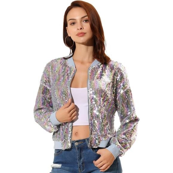 Women's Sequin Jacket Casual Long Sleeve Zipper Fall Winter Shiny - Picture 1 of 5